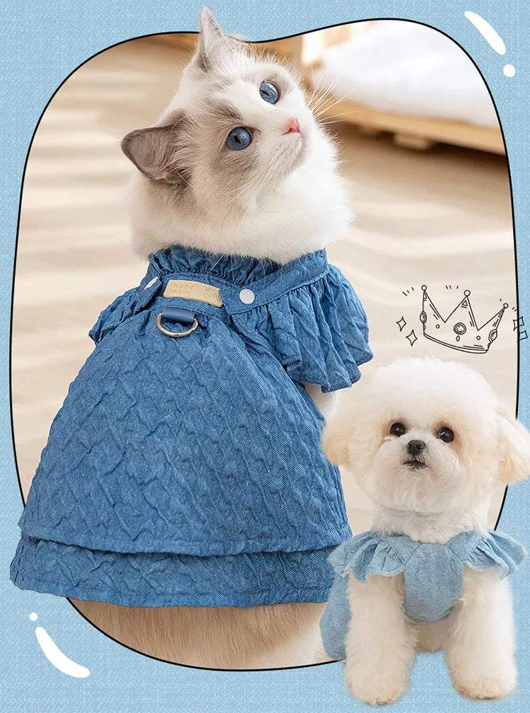 Dog Girl Dresses for Dogs Puppy Spring Clothes with Leash Ring Flying Sleeves Summer Cat Outfits Blue One Piece Chihuahua Appare
