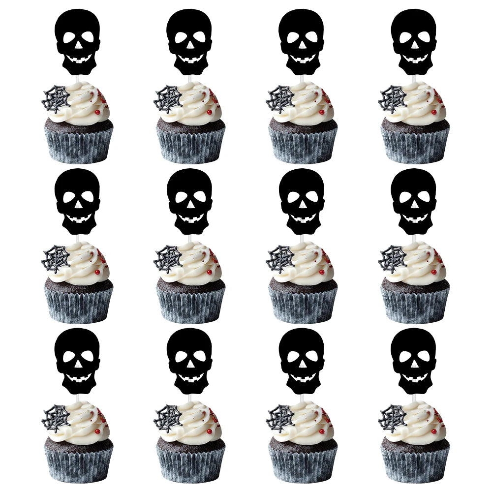 12/24pcs Halloween Black White Cupcake Topper Skull Ghost Bat Spider shape Cake Topper Decoration Halloween Birthday Party Decor
