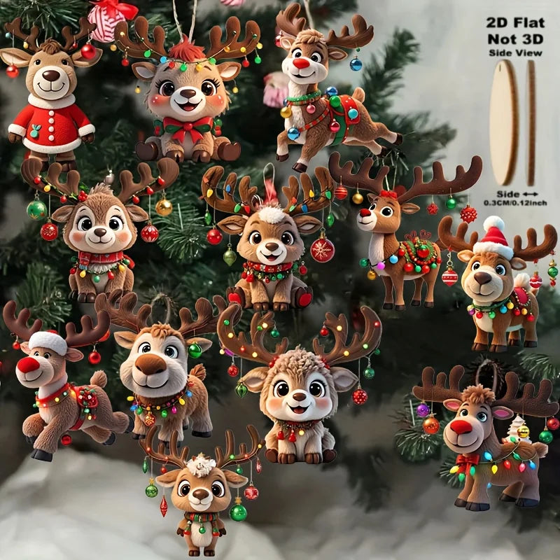 2D Wood Cartoon Fawn Christmas Tree Pendant Christmas Cartoon Cute Elk Hanging Decorations 2025 New Year Gifts Party Decor
