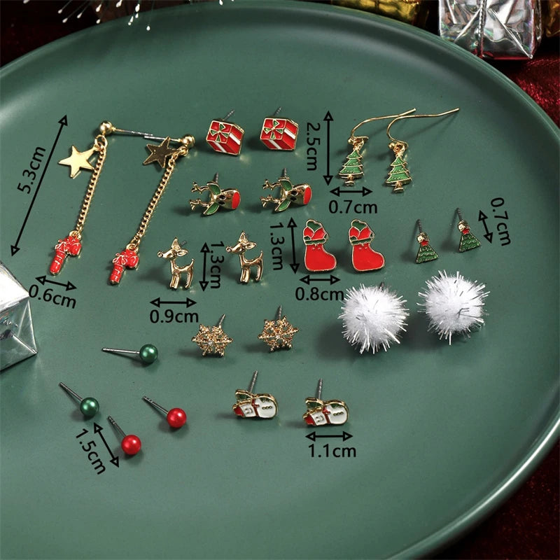 24pcs Christmas Combination Earrings Set for Women Small Shiny Zircon Xmas Tree Santa Claus Snowflake Earring Party Jewelry Gift