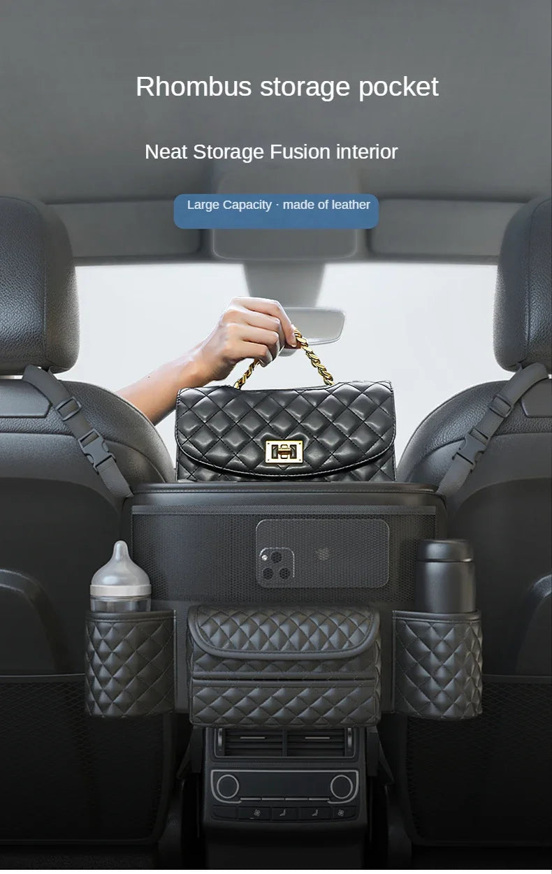 Leather Car Seat Middle Hanger Storage Bag Luxury Auto Handbag Holder Between Seats Tissue Water Cup Pockets Stowing Tidying