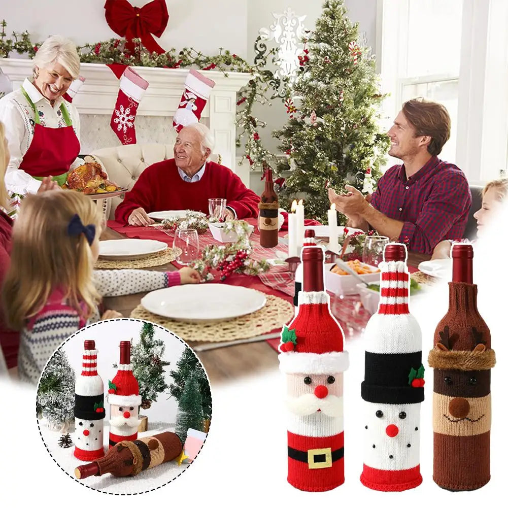 Christmas Sweater Wine Bottle Cover Set Santa Snowman Knitted Wine Bottle Bag Christmas Party Dinner Table Decoration