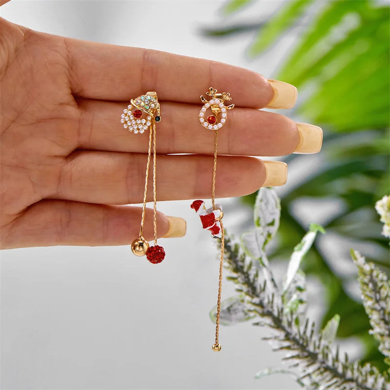 Moving Santa Claus Tassel Dangle Earrings For Women Christmas Tree Snowflake Asymmetric Long Chain Earring New Year Jewelry Gift