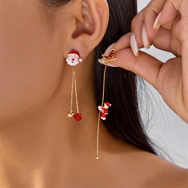 Moving Santa Claus Tassel Dangle Earrings For Women Christmas Tree Snowflake Asymmetric Long Chain Earring New Year Jewelry Gift
