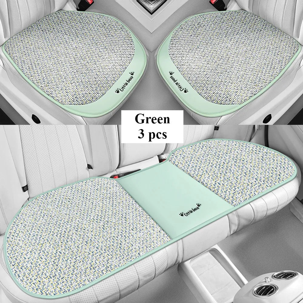 3pcs, Breathable Car Seat cushion - PU Leather + Cool Ice Rattan Weave, Playful Embroidery