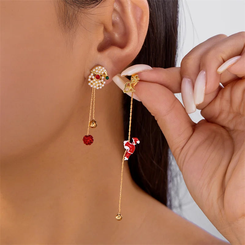 Moving Santa Claus Tassel Dangle Earrings For Women Christmas Tree Snowflake Asymmetric Long Chain Earring New Year Jewelry Gift