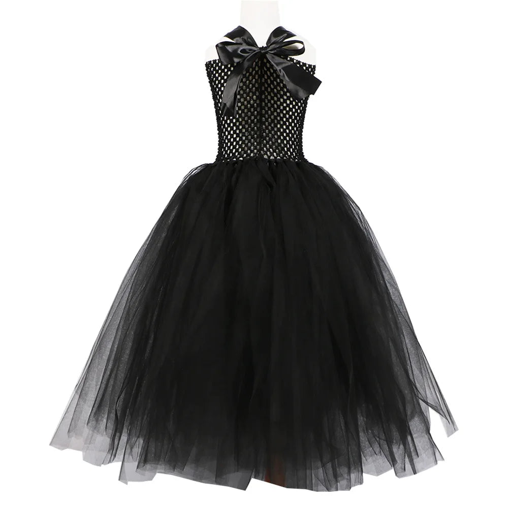 2024 New Maleficent Halloween Costume Maleficent Tulle Dress for Girls Cosplay Evil Queen Black Mesh Princess Dress Kids