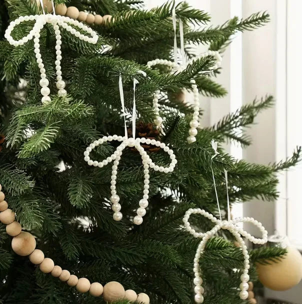 6/12pcs Xmas Tree Hand Woven Imitation Pearl Bow Hanging Ornaments 2025 Christmas Decoration for Home Navidad Gift New Year 2026