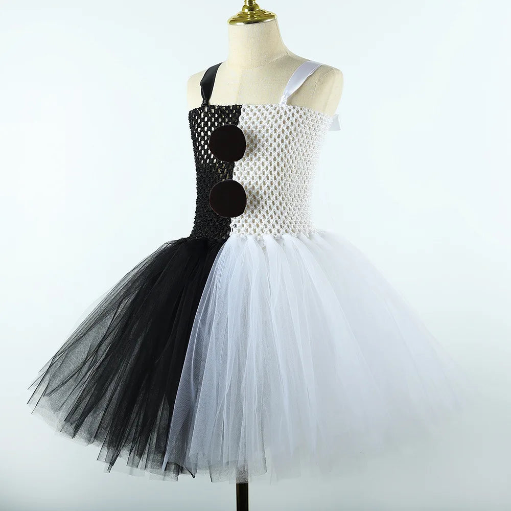 2025 Halloween Festive Party Girls Cosplay Black and White Witch Sleeveless Clown Lace Vampire Clothing Plus Accessories Set