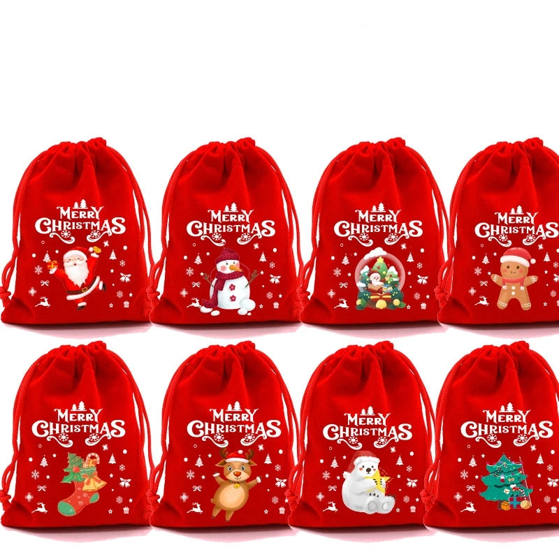 20pcs Xmas Velvet Bags Small Candy Gift Bag Drawstring Pouch Christmas Party Favor Boutique Jewelry Packaging Bags 2024 New Year