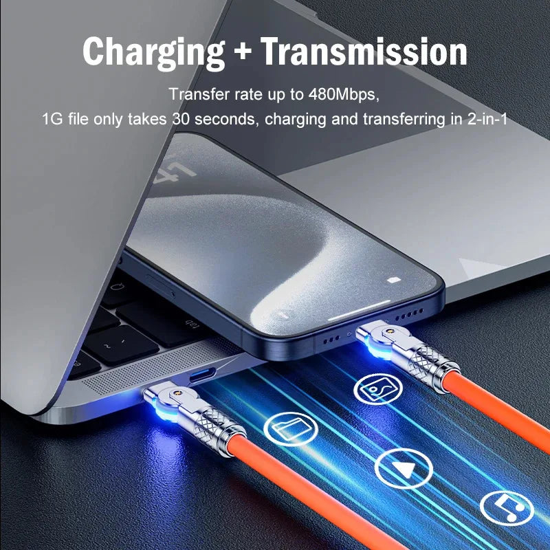 60W PD USB C To Type C Cable Elbow 180 Degree Rotation Super Fast Charge For Samsung S24 S23 S22 Ultra Huawei Laptop Data Sync