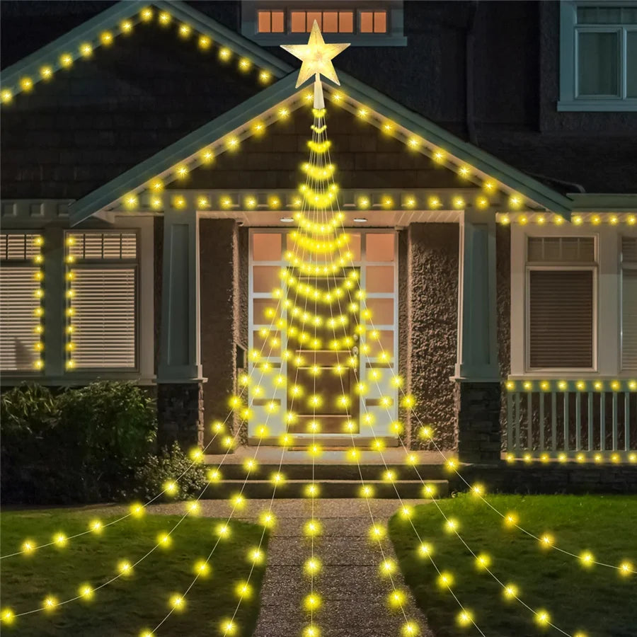 2025 New Year Decoration Christmas Fairy String Lights Outdoor USB Remote Stars Waterfall Garden Lights for Home Party Wedding