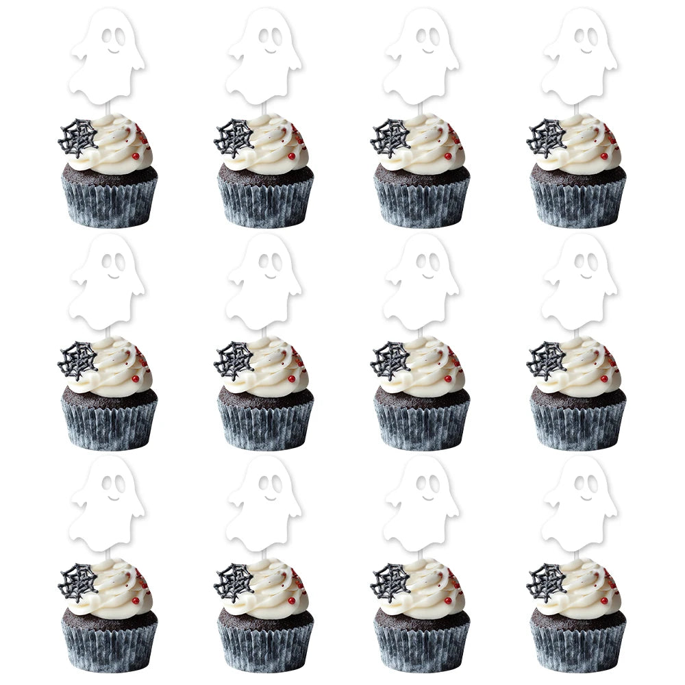12/24pcs Halloween Black White Cupcake Topper Skull Ghost Bat Spider shape Cake Topper Decoration Halloween Birthday Party Decor