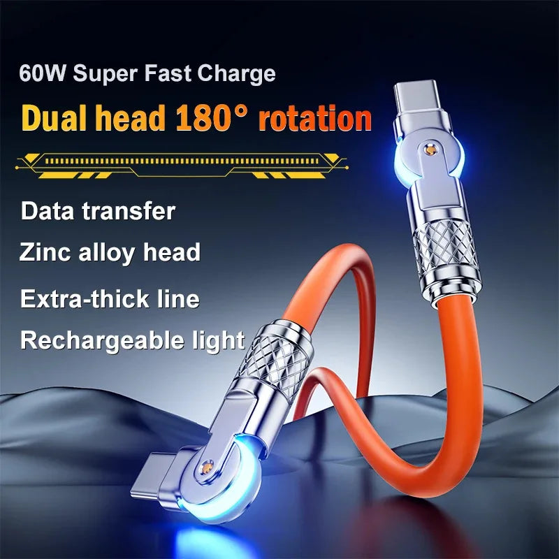 60W PD USB C To Type C Cable Elbow 180 Degree Rotation Super Fast Charge For Samsung S24 S23 S22 Ultra Huawei Laptop Data Sync