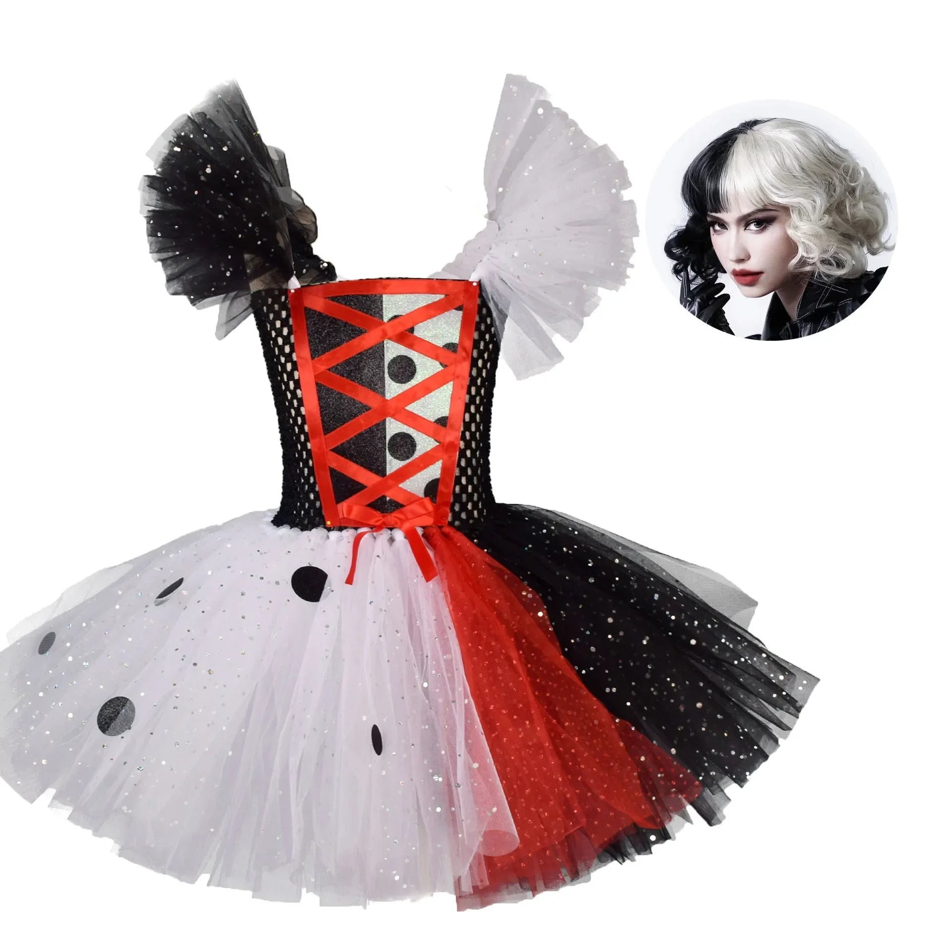 Cosplay Black White Cruella Girls Costume Black Dot Tutu Dress for Kids Villian Cruella De Vil Halloween Outfit Children Clothes