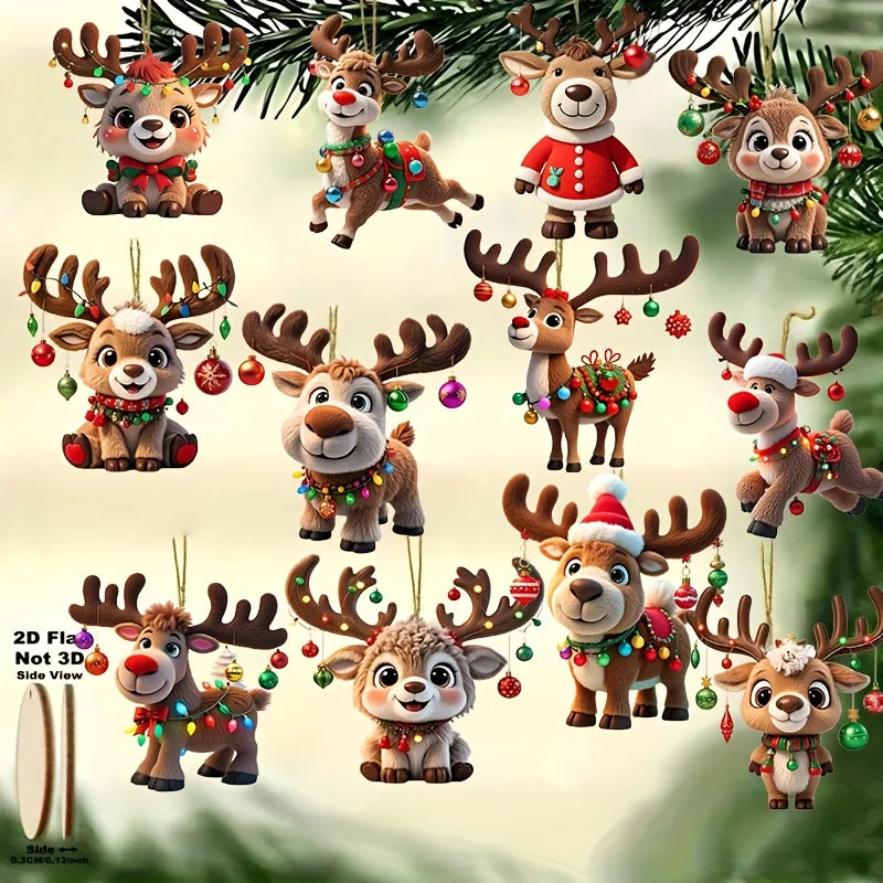 2D Wood Cartoon Fawn Christmas Tree Pendant Christmas Cartoon Cute Elk Hanging Decorations 2025 New Year Gifts Party Decor