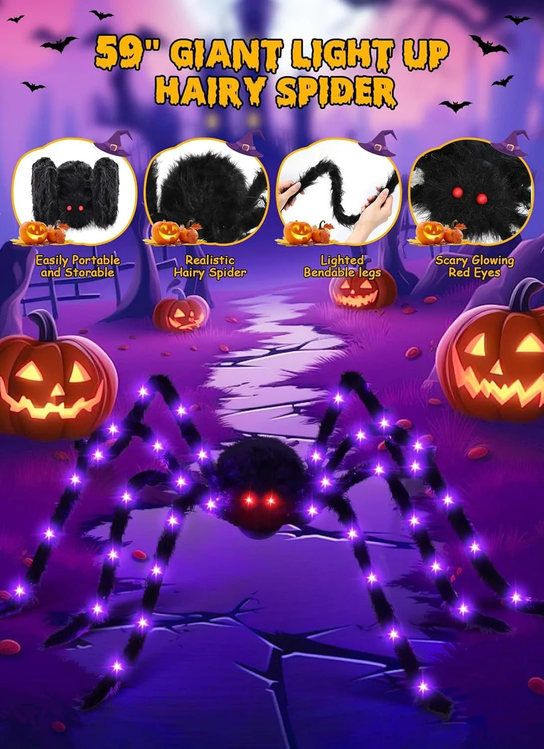 Glow in The Dark Spider Web Halloween Outdoor Decorations Fake Realistic Spider Lights Yard/garden Decor Day of The Dead Props