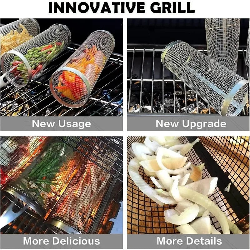 BBQ Grill Basket Rolling Grilling Basket Barbecue for Outdoor Camping