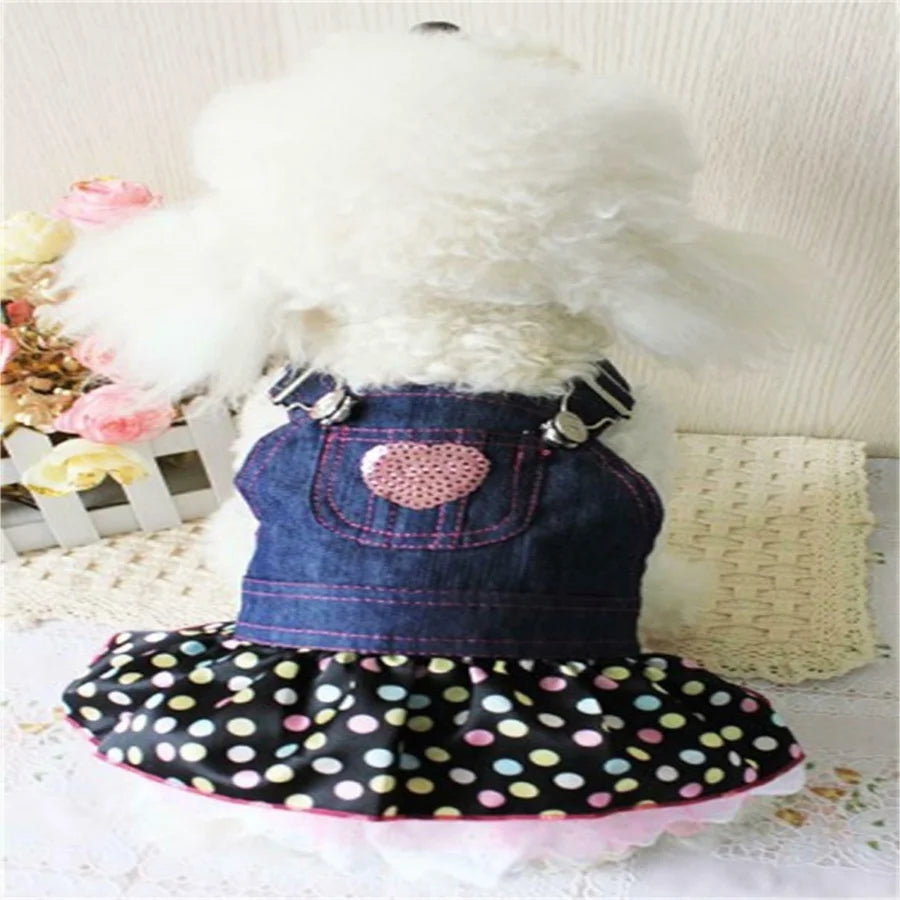 Denim Dot Dog Dress, Summer Pet Clothes, Wedding Skirt, Spring