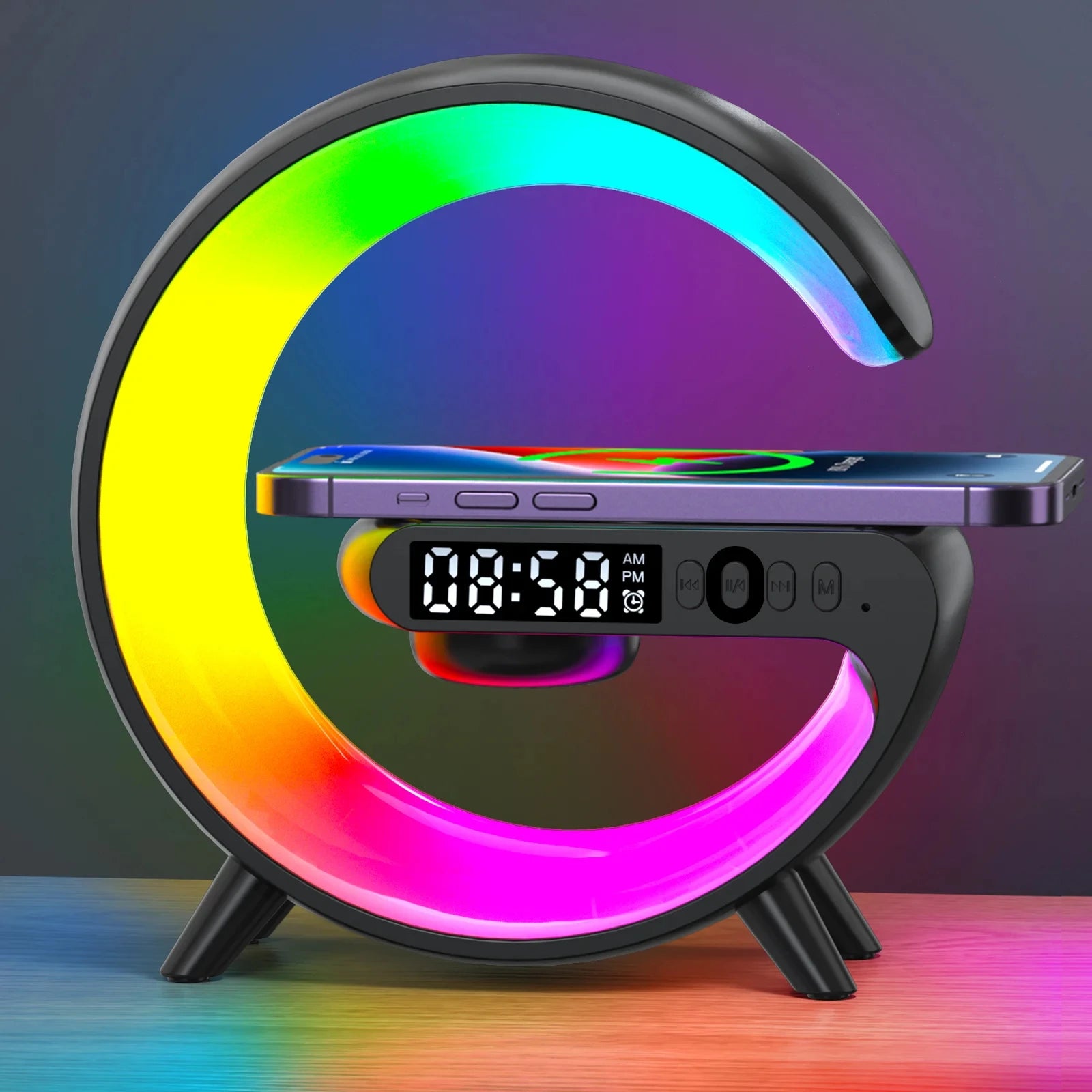 Multifunction Stand Speaker Wireless Charger Pad RGB Light Alarm Clock Speaker For iPhone Samsung
