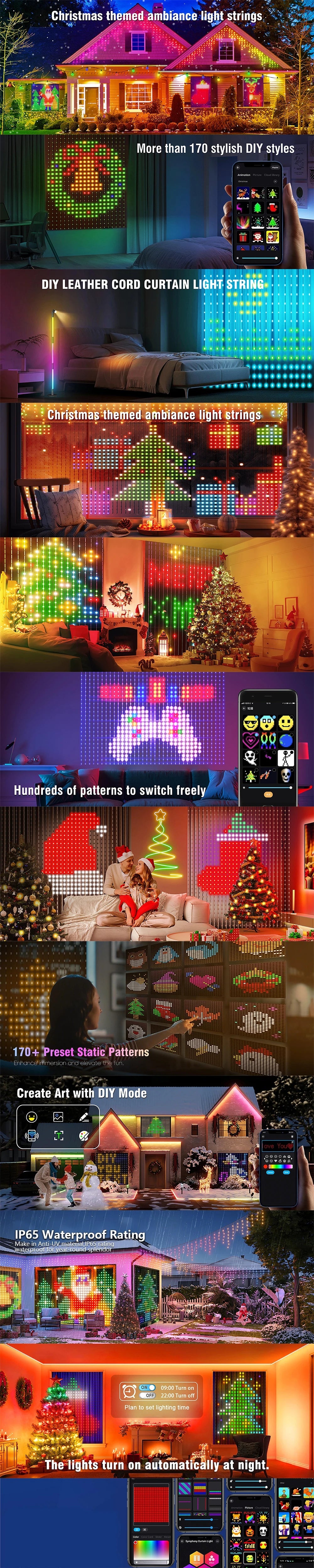 Christmas Light Smart LED Curtain Lights App Control Music Sync DIY Pattern IP67 Waterproof for Indoor Outdoor Party Decor