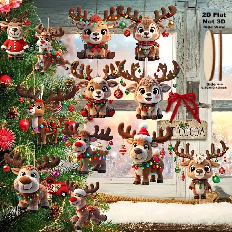 2D Wood Cartoon Fawn Christmas Tree Pendant Christmas Cartoon Cute Elk Hanging Decorations 2025 New Year Gifts Party Decor