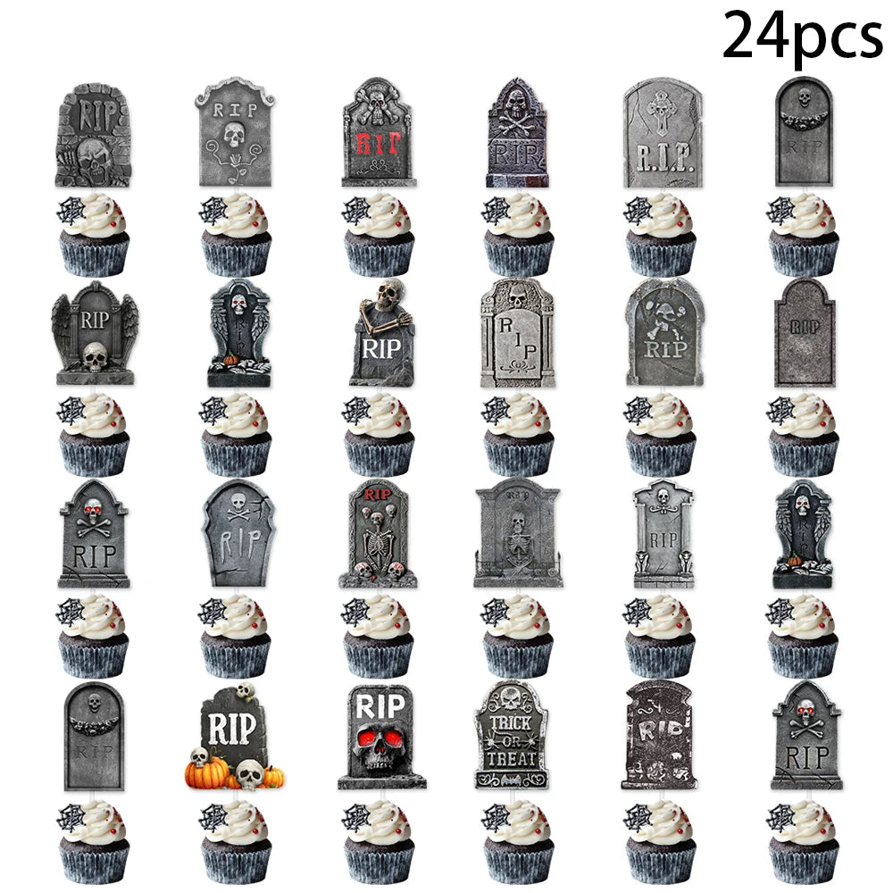 12/24pcs Halloween Scary Tombstone Cupcake Toppers Skeleton RIP Graveyard Cake Topper Decorations Halloween Birthday Party Decor