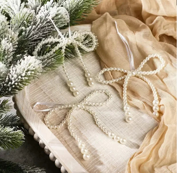 6/12pcs Xmas Tree Hand Woven Imitation Pearl Bow Hanging Ornaments 2025 Christmas Decoration for Home Navidad Gift New Year 2026