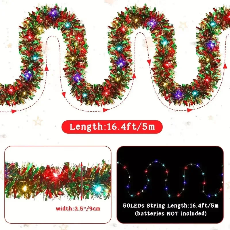 5M Christmas Tinsel Garland Metallic Shiny With LED Lights for Xmas Tree Thick Hanging DIY Garland 2026Happy New Year Home Decor