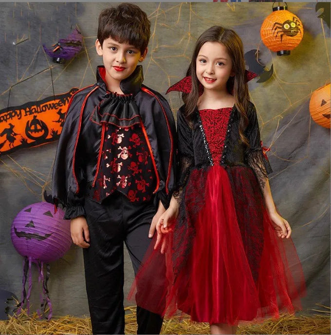 Girls Boys Vampire Dress Kid Ghost Bride Gothic Cosplay Vampire Devil Bat Halloween Costume Vampiran Carnival Outfit Clothes