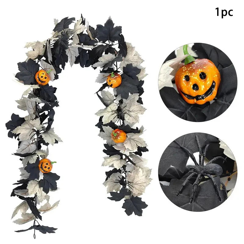 1 Halloween Wreath - 5.74ft Gothic Maple Leaves And Pumpkin Vines With Spooky Decorations To Create A Spooky Holiday And Firepla
