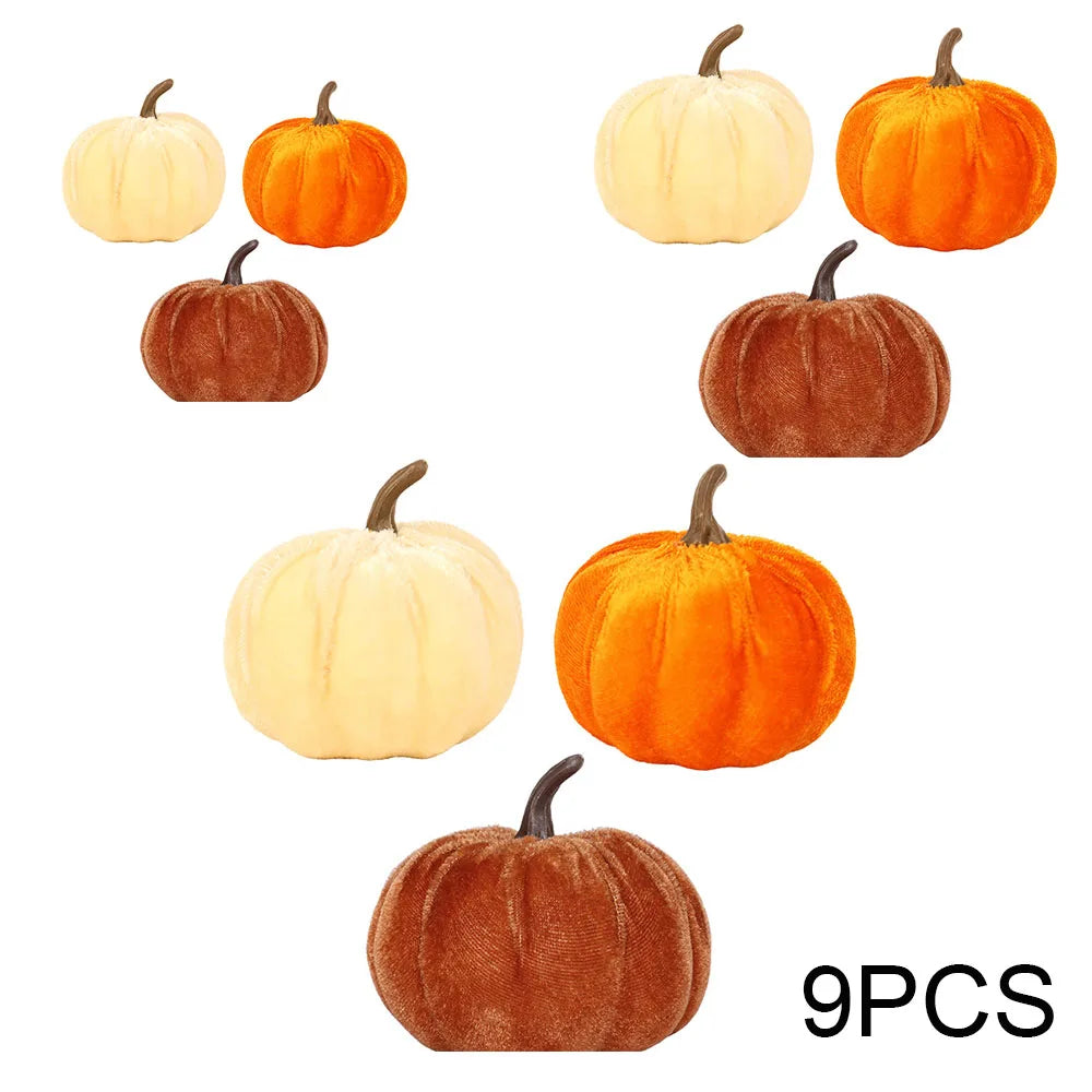 9pcs 3 Size Velvet Artificial Pumpkins Mixed for Halloween Party Thanksgiving Home Table Decoration Autumn Fall DIY Craft Wreath