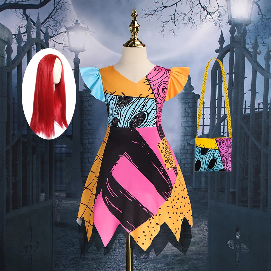 Baby Girls Halloween Costumes Cosplay Dress Nightmare Before Children Christmas Carnival Princess Sally Party Clothes 2-10 Years