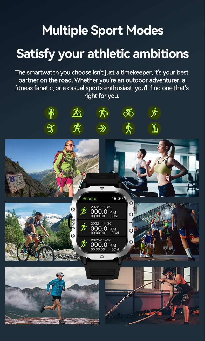 LAXASFIT Outdoor Sports Smart Watch 2.01 inch HD Screen LED Flashlight Bluetooth Talking Smart Watch Men Women Holiday Gift