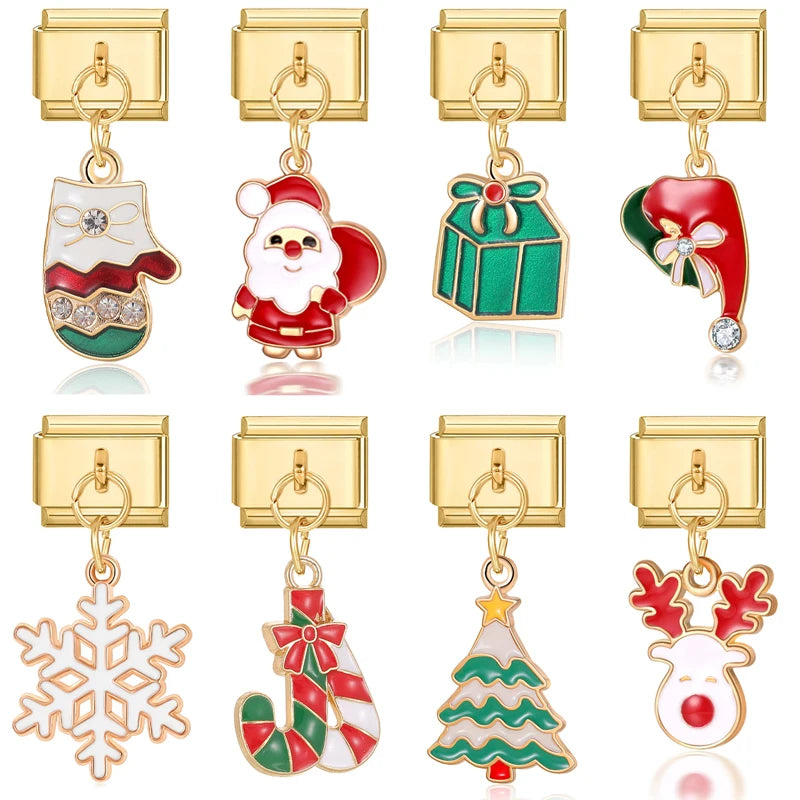 2025 New Original Christmas Tree Santa Claus Italian Charm Links Fit 9mm Bracelet Stainless Steel Jewelry Making Christmas Gift