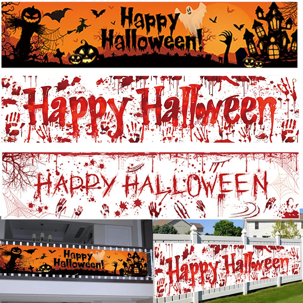 Happy Halloween Banner 70.8×15.7inch Halloween Outdoor and Indoor Decor Banner Terror Bloody Handprint Decor Background Props