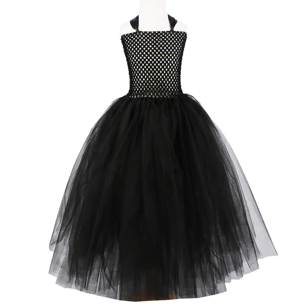 2024 New Maleficent Halloween Costume Maleficent Tulle Dress for Girls Cosplay Evil Queen Black Mesh Princess Dress Kids