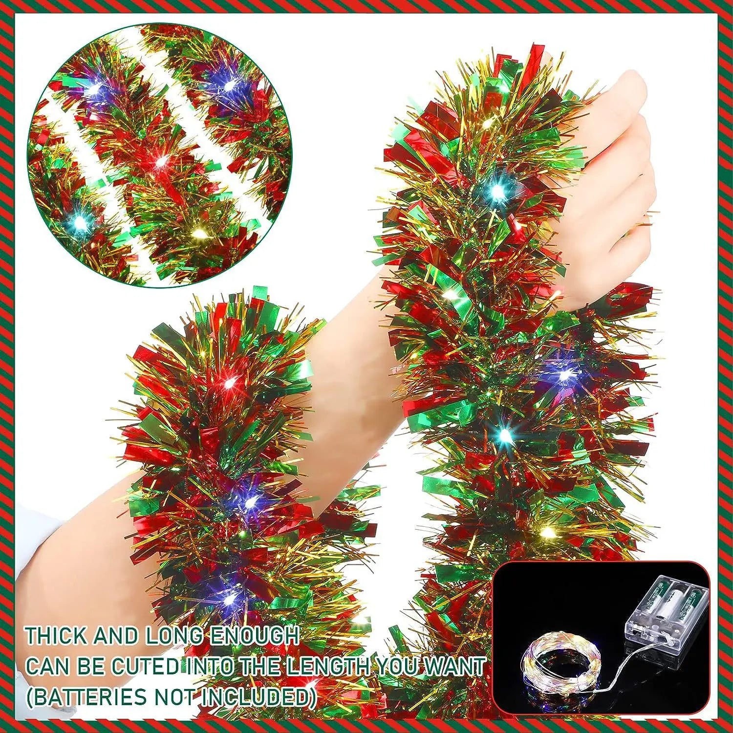 5M Christmas Tinsel Garland Metallic Shiny With LED Lights for Xmas Tree Thick Hanging DIY Garland 2026Happy New Year Home Decor