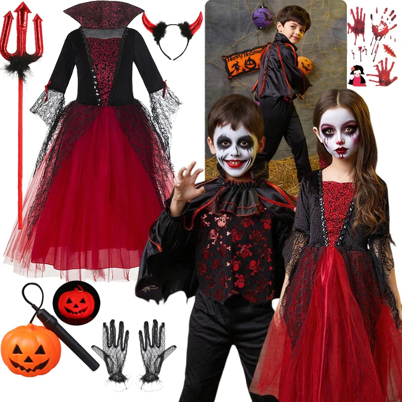 Girl Vampire Halloween Dress for Kid Ghost Bride Gothic Cosplay Vampire Costume Dress for Kids Carnival Outfit Black Red Clothes