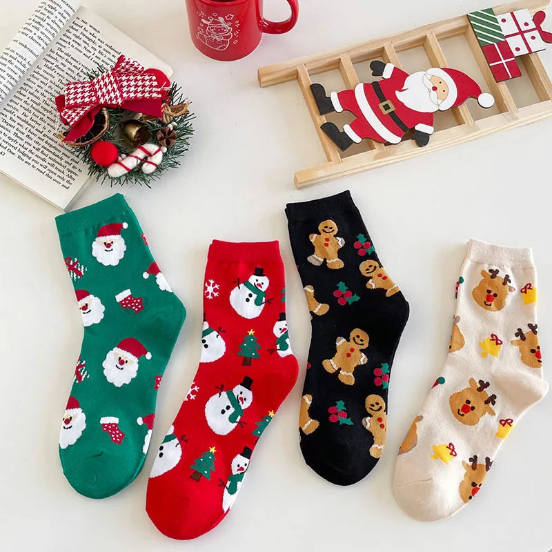 4 Pairs Christmas Socks For Woman Santa Claus Snowman Gingerbread Man Christmas Socks Kawaii Cartoon Girls Christmas Gifts