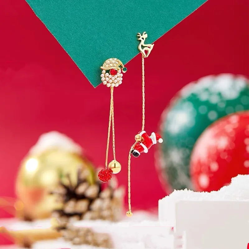 Moving Santa Claus Tassel Dangle Earrings For Women Christmas Tree Snowflake Asymmetric Long Chain Earring New Year Jewelry Gift