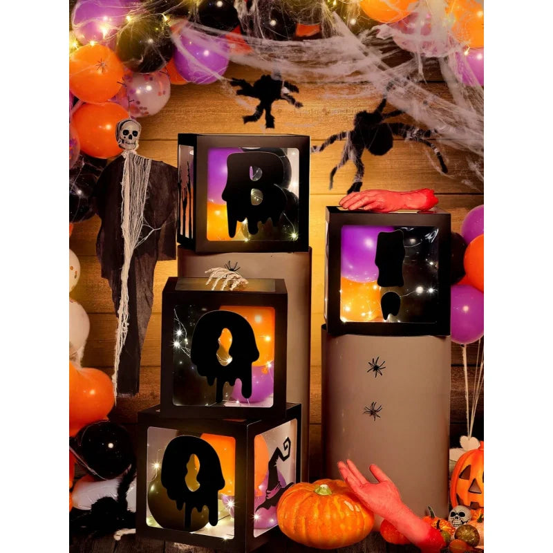 4Pcs Halloween Balloon Boxes with 4 black “BOO!” letter，Balloon Arch Decor for Halloween Party Decorations Shower Decoration