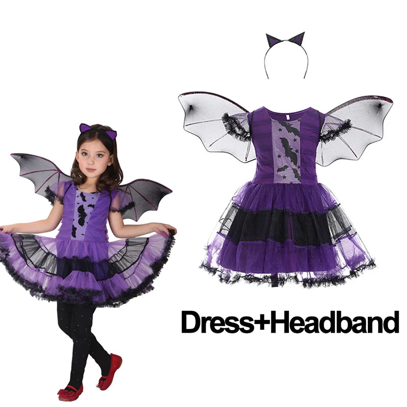 Girls Purple Bat Dress Kids Fancy Cosplay Vampire Demon Costume With Wing Headwear Halloween Carnivat Witch Role Play Clothes