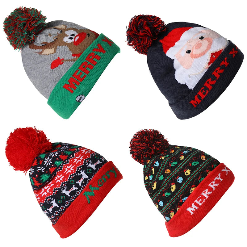 NEW 50 Designs LED Christmas Hats Beanie New Year Knitted Illuminate Warm Hat Christmas Tree Snowman Kids Adults Hat