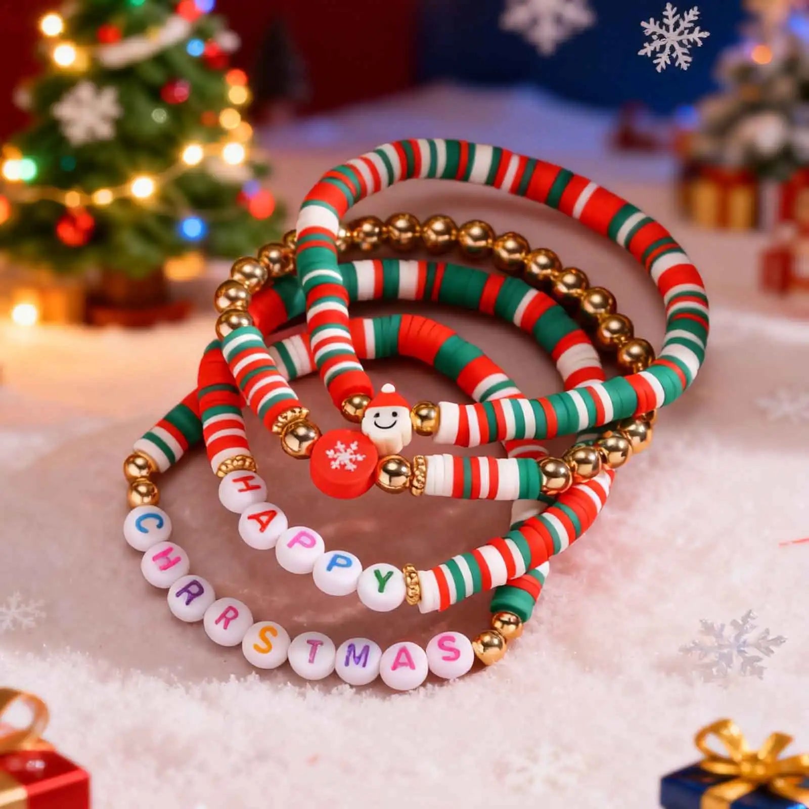 Set Christmas Elastic Beaded Bracelet for Women,Santa Claus Wreath Reindeer Xmas Tree Soft Clay Bracelets,Set Jewelry Gift