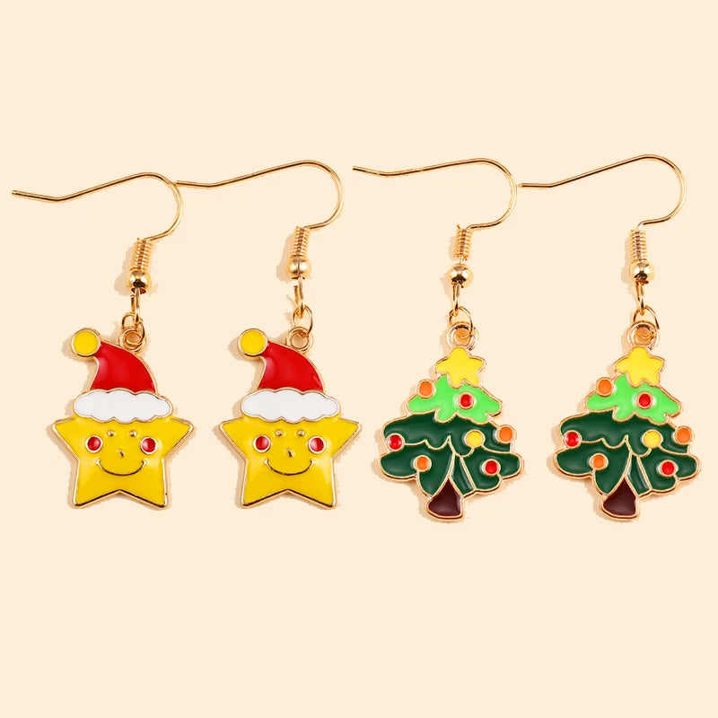 2Pairs Cute Christmas Set Earring Alloy Enamel Bell Snowflake Snowhouse Design Earrings - Perfect Holiday Jewelry Gift
