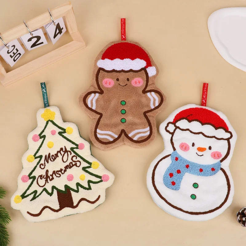 Christmas Hand Towel Cartoon Gingerbread Man Snowman Coral Fleece Towel Christmas Home Kitchen Bathroom Decoration Xmas Gifts