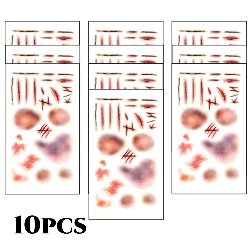 10pcs 3D Fake Scar Tattoos Sticker Body Face Realistic Scab Temporary Tattoos Halloween Horror Wound Bloody DIY Makeup Stickers