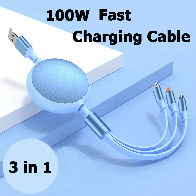 3-in-1 Retractable 100W 6A Fast Charging USB To Type-C Micro Fast Charger Cable For iPhone Samsung Xiaomi Huawei 1.2M Cables