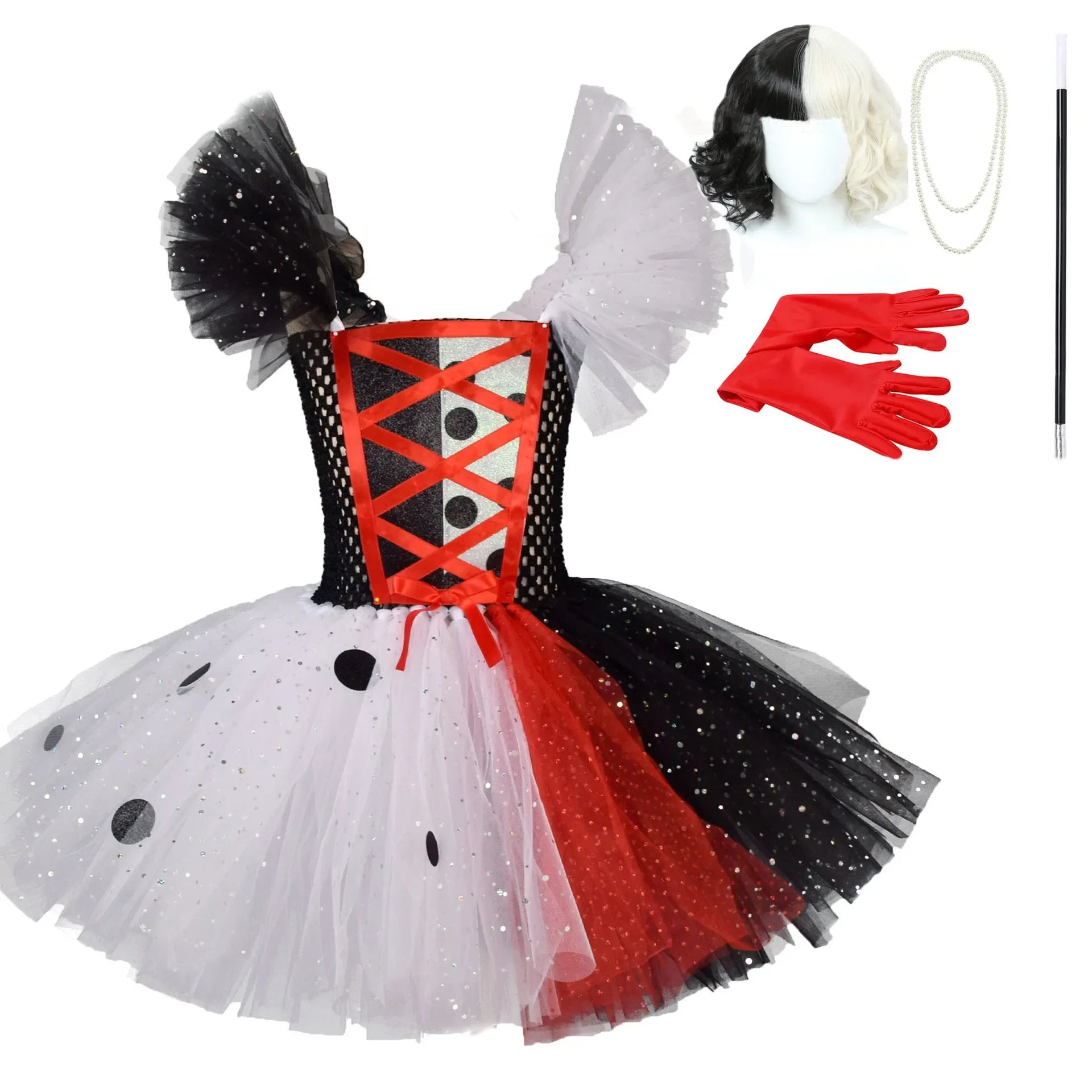 Cosplay Black White Cruella Girls Costume Black Dot Tutu Dress for Kids Villian Cruella De Vil Halloween Outfit Children Clothes